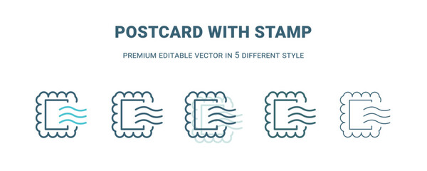 postcard with stamp icon in 5 different style. Outline, filled, two color, thin postcard with stamp icon isolated on white background. Editable vector can be used web and mobile