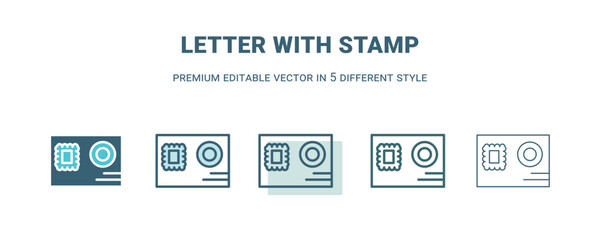 letter with stamp icon in 5 different style. Outline, filled, two color, thin letter with stamp icon isolated on white background. Editable vector can be used web and mobile