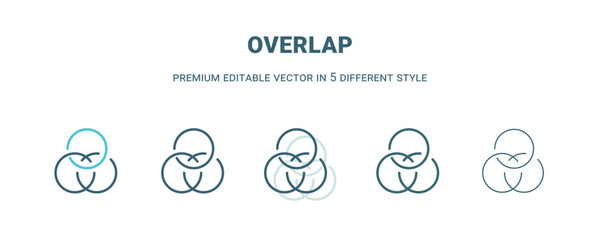 overlap icon in 5 different style. Outline, filled, two color, thin overlap icon isolated on white background. Editable vector can be used web and mobile