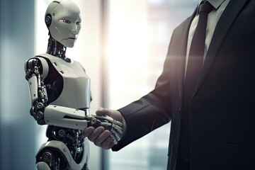 Business Gespr&auml;ch, sch&ouml;ne Szene mit einem Roboter, der einem Mann im Anzug die Hand sch&uuml;ttelt, Generative AI
