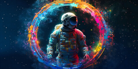 a cartoon of an astronaut on a spinning circle of bright colors,