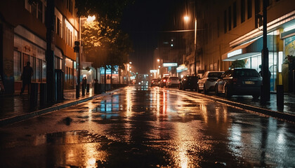 Fototapeta na wymiar The streets were wet because of the rain at night