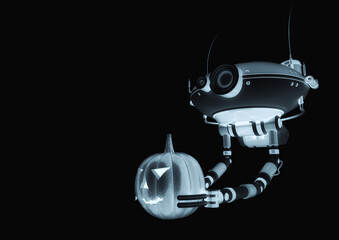 floating robot is holding a jack pumpkin head halloween in white background side view with copy space