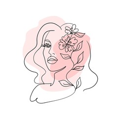 Beautiful face of a woman with flowers. Stock illustration isolated on white background.