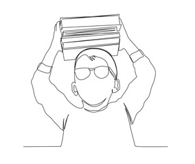 Continuous line art drawing of young boy holding books. A boy carrying piles of books above his head single line art drawing vector illustration. Editable stroke.
