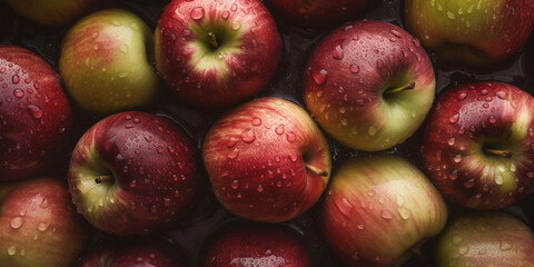 Red apples on a counter in the supermarket. Banner created with ai generative tools