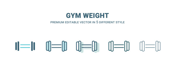 gym weight icon in 5 different style. Outline, filled, two color, thin gym weight icon isolated on white background. Editable vector can be used web and mobile