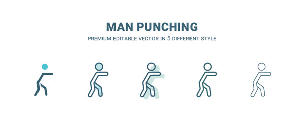 Fototapeta premium man punching icon in 5 different style. Outline, filled, two color, thin man punching icon isolated on white background. Editable vector can be used web and mobile