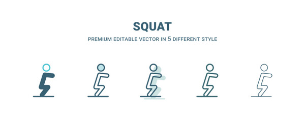 squat icon in 5 different style. Outline, filled, two color, thin squat icon isolated on white background. Editable vector can be used web and mobile