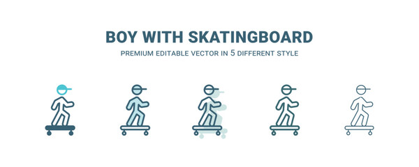 Obraz premium boy with skatingboard icon in 5 different style. Outline, filled, two color, thin boy with skatingboard icon isolated on white background. Editable vector can be used web and mobile
