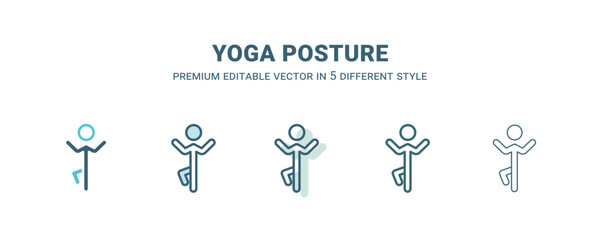 yoga posture icon in 5 different style. Outline, filled, two color, thin yoga posture icon isolated on white background. Editable vector can be used web and mobile