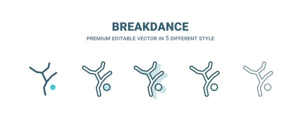 breakdance icon in 5 different style. Outline, filled, two color, thin breakdance icon isolated on white background. Editable vector can be used web and mobile