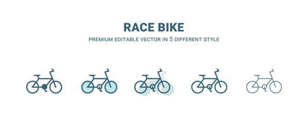 race bike icon in 5 different style. Outline, filled, two color, thin race bike icon isolated on white background. Editable vector can be used web and mobile