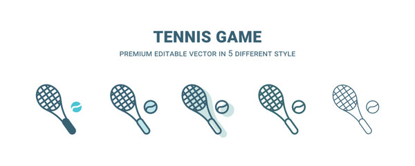 tennis game icon in 5 different style. Outline, filled, two color, thin tennis game icon isolated on white background. Editable vector can be used web and mobile