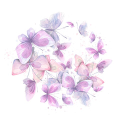 Obraz na płótnie Canvas Lilac, pink and blue butterflies with splashes of paint. Watercolor illustration. Composition from the collection of CATS AND BUTTERFLIES. For the design and decoration of prints, postcards, posters.