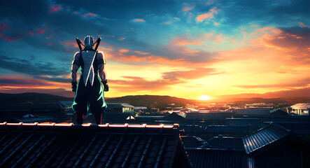 ninja warrior stand on rooftop and watch city view, beautiful city view, wallpaper, Generative AI