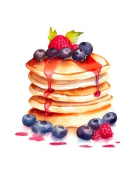 Watercolor pancakes with maple syrup and berries isolated on white background. Generative AI.