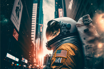 An American astronaut standing in the city - Generative AI