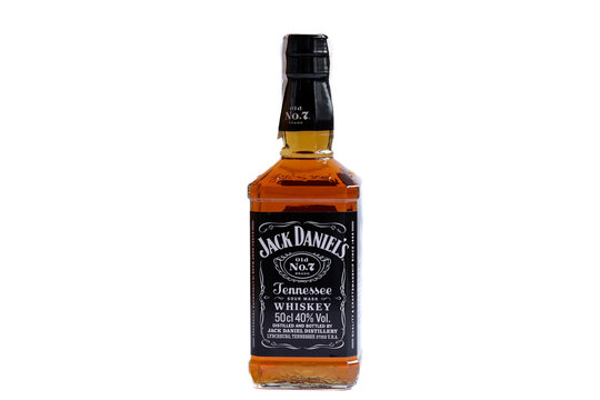 Kyiv, Ukraine - March 25, 2023: A bottle of Jack Daniels american whisky isolated on white background. Free space for your text.