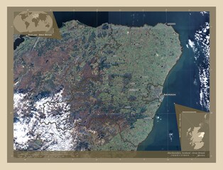 Aberdeenshire, Scotland - Great Britain. High-res satellite. Labelled points of cities