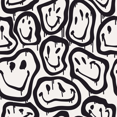 Groovy smile seamless pattern in Urban street art style. Black and white street print. Graphic underground unisex design for t-shirts. Hipster retrowave with 90s style. Psychedelic rave background. © AutumnStudio