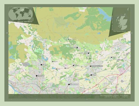 East Dunbartonshire, Scotland - Great Britain. OSM. Labelled points of cities
