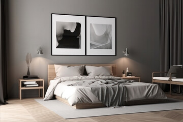 Modern bedroom design with a white frame mockup on the wall and a comfortable bed, perfect for a simple and stylish sleeping environment. AI Generative.