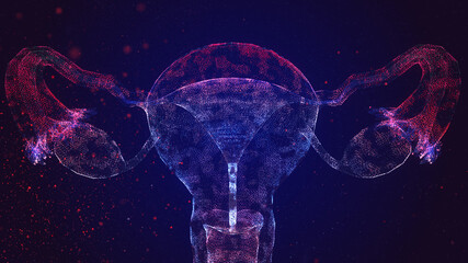Ovaries. Female reproductive uterus organs and ovaries health care. Particles are connected in a geometric silhouette - 592672145