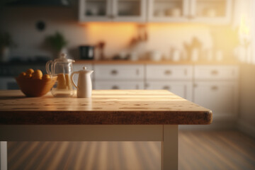 Wooden table with blurry kitchen backdrop. Generative AI