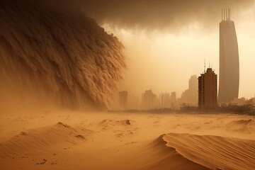 Dust storm in the sand dunes, doomsday with a sandstorm and the destruction of mankind.