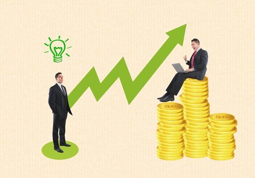 Creative collage of business people with stack coins and arrow