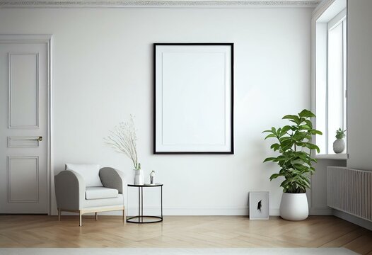 Blank frame on White Wall in living room. Template for Design. Mock Up. AI generated. Generative AI