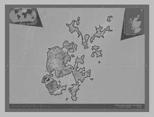 Orkney Islands, Scotland - Great Britain. Grayscale. Labelled points of cities