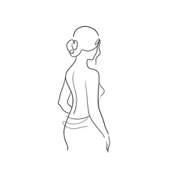 Fototapeta premium Linear portrait of a woman from the back in a bath towel. Stock illustration isolated on white background.