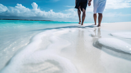 Couple walk along the pristine white sand beach. Generative AI