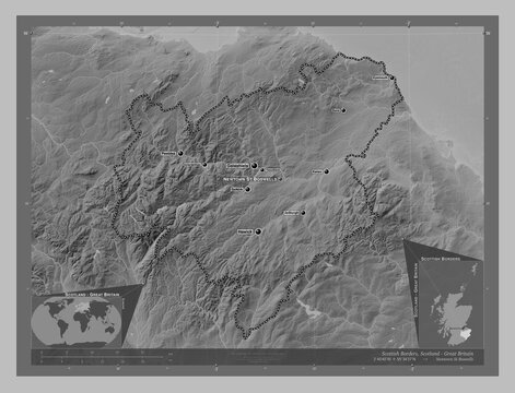 Scottish Borders, Scotland - Great Britain. Grayscale. Labelled points of cities