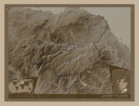 Scottish Borders, Scotland - Great Britain. Sepia. Labelled points of cities