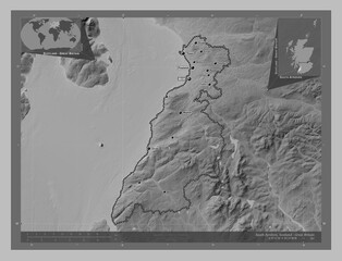 South Ayrshire, Scotland - Great Britain. Grayscale. Labelled points of cities