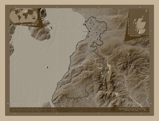 South Ayrshire, Scotland - Great Britain. Sepia. Labelled points of cities