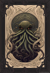 An intricate art nouveau edges frame with a Cthulhu monster with tentacles, game card, poster design. Cosmic Horror universe by H. P. Lovecraft. Concept art drawing generative ai generative ki