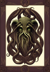 An intricate art nouveau edges frame with a Cthulhu monster with tentacles, game card, poster design. Cosmic Horror universe by H. P. Lovecraft. Concept art drawing generative ai generative ki