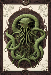An intricate art nouveau edges frame with a Cthulhu monster with tentacles, game card, poster design. Cosmic Horror universe by H. P. Lovecraft. Concept art drawing generative ai generative ki