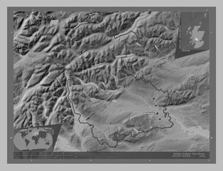 Stirling, Scotland - Great Britain. Grayscale. Labelled points of cities