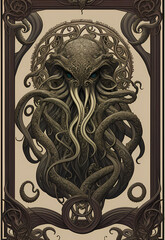 An intricate art nouveau edges frame with a Cthulhu monster with tentacles, game card, poster design. Cosmic Horror universe by H. P. Lovecraft. Concept art drawing generative ai generative ki
