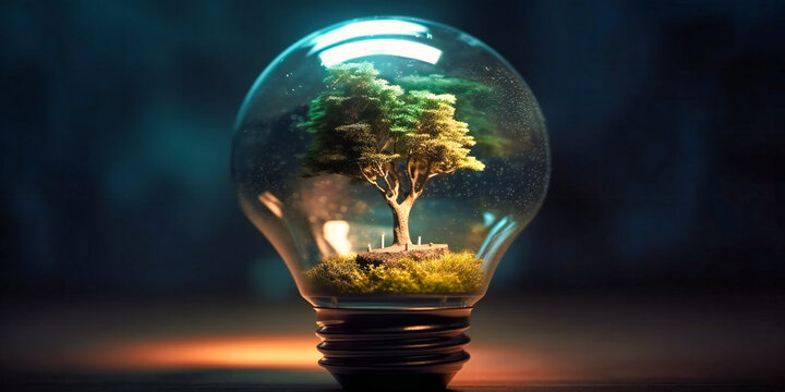 light bulb with a green tree inside of,