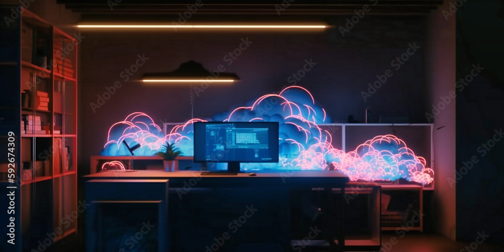 Wall mural a cloud computing model with laptops and a cloud overlaid on the screen