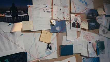 Investigation board with crime scene photos, trying to solve crime, evidence