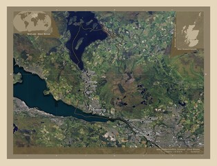 West Dunbartonshire, Scotland - Great Britain. High-res satellite. Labelled points of cities
