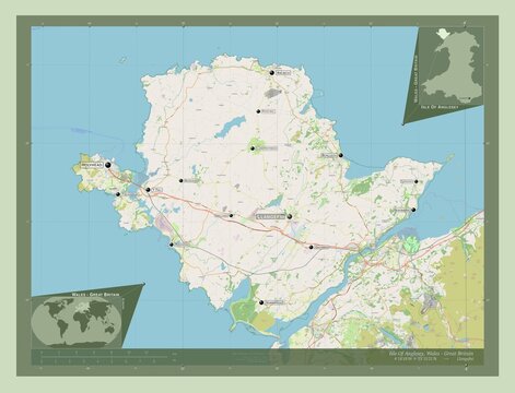 Isle Of Anglesey, Wales - Great Britain. OSM. Labelled points of cities