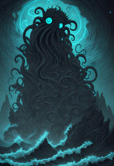 A Cthulhu-like monster with tentacles rising from the sea. At night in the storm. From the Cosmic Horror universe by H. P. Lovecraft. Concept art, drawing, generative ai generative ki, - 592674706